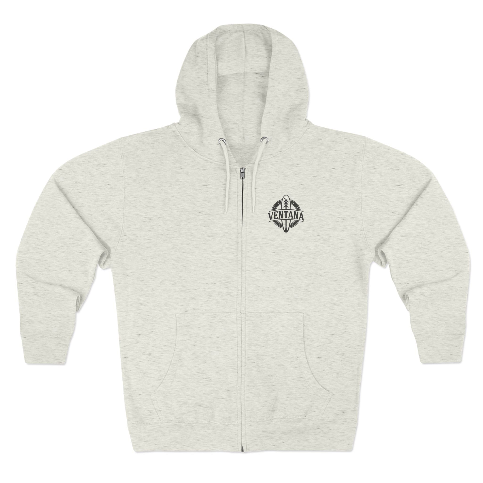 Back flat lay of the Monterey Bay zip hoodie artwork