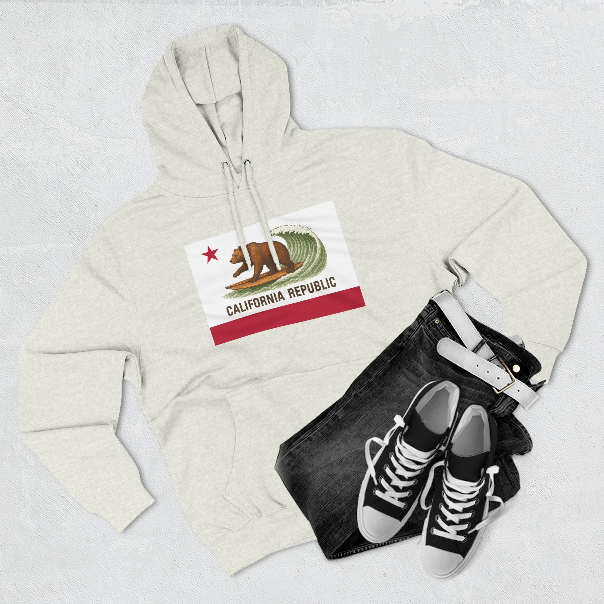 California Surfing Bear Flag Fleece Hoodie