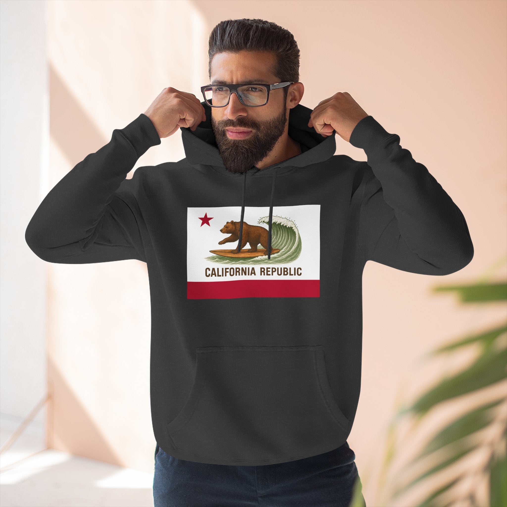 California Surfing Bear Flag Fleece Hoodie
