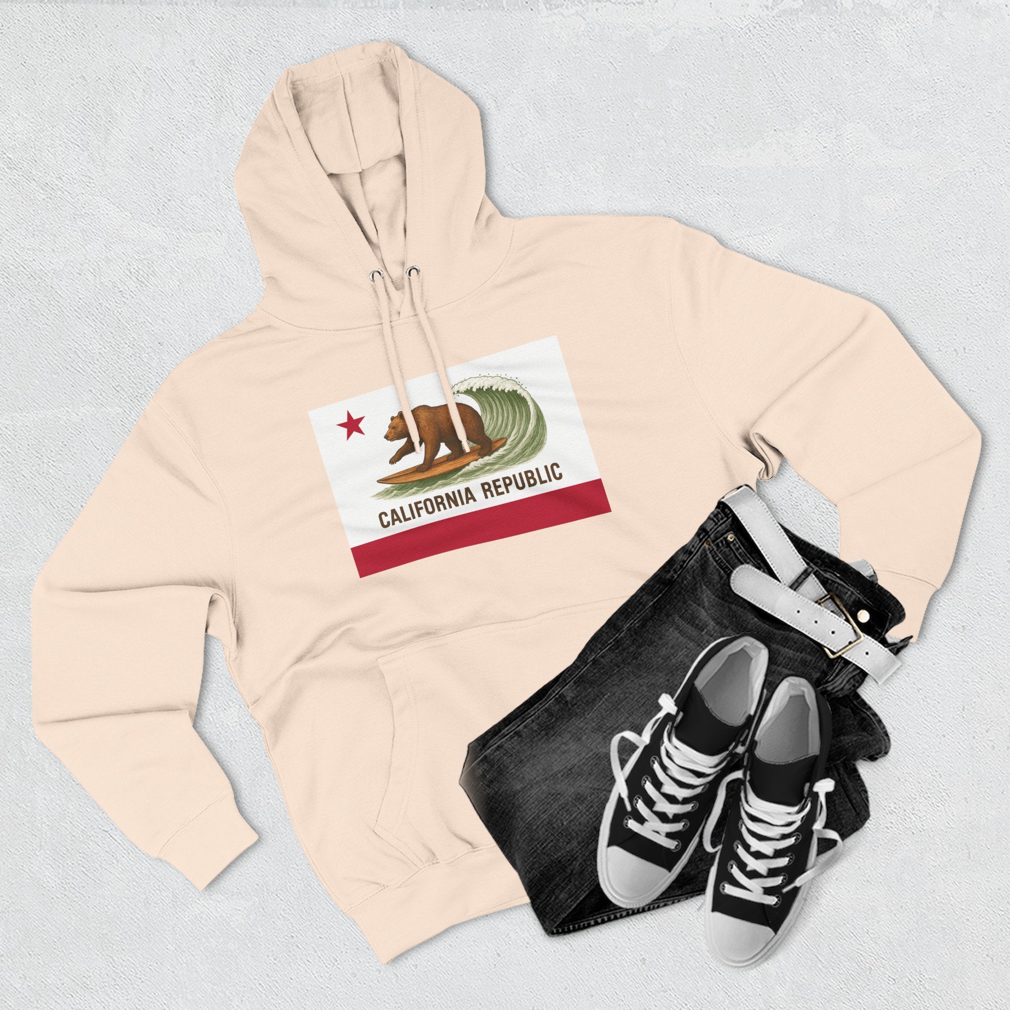 California Surfing Bear Flag Fleece Hoodie