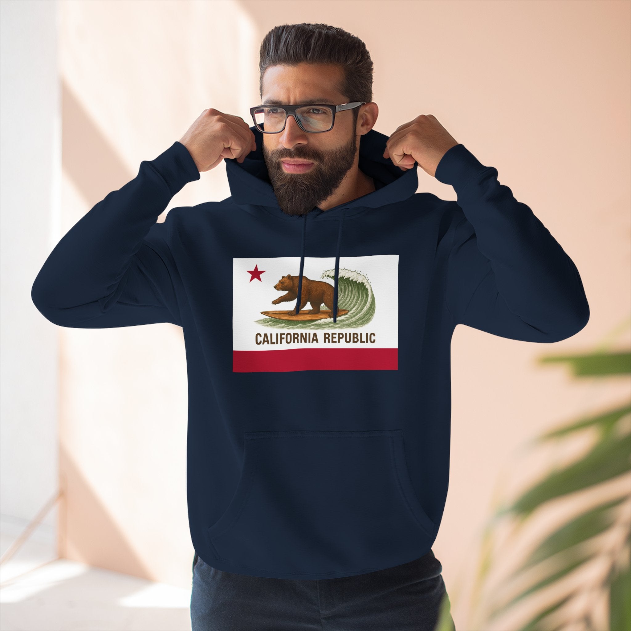 California Surfing Bear Flag Fleece Hoodie