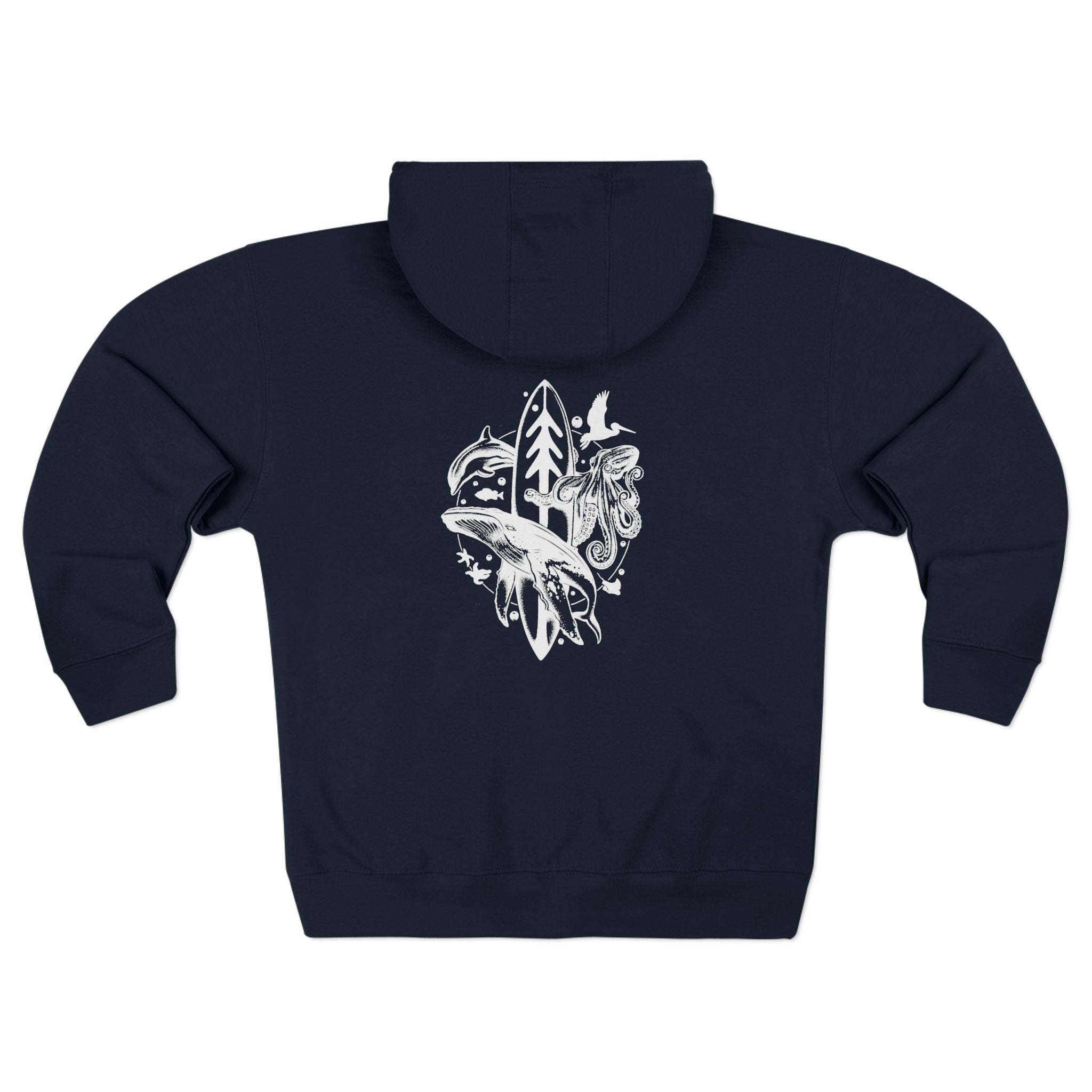 Front view of the Ventana Monterey Bay zip fleece hoodie with Treefish logo