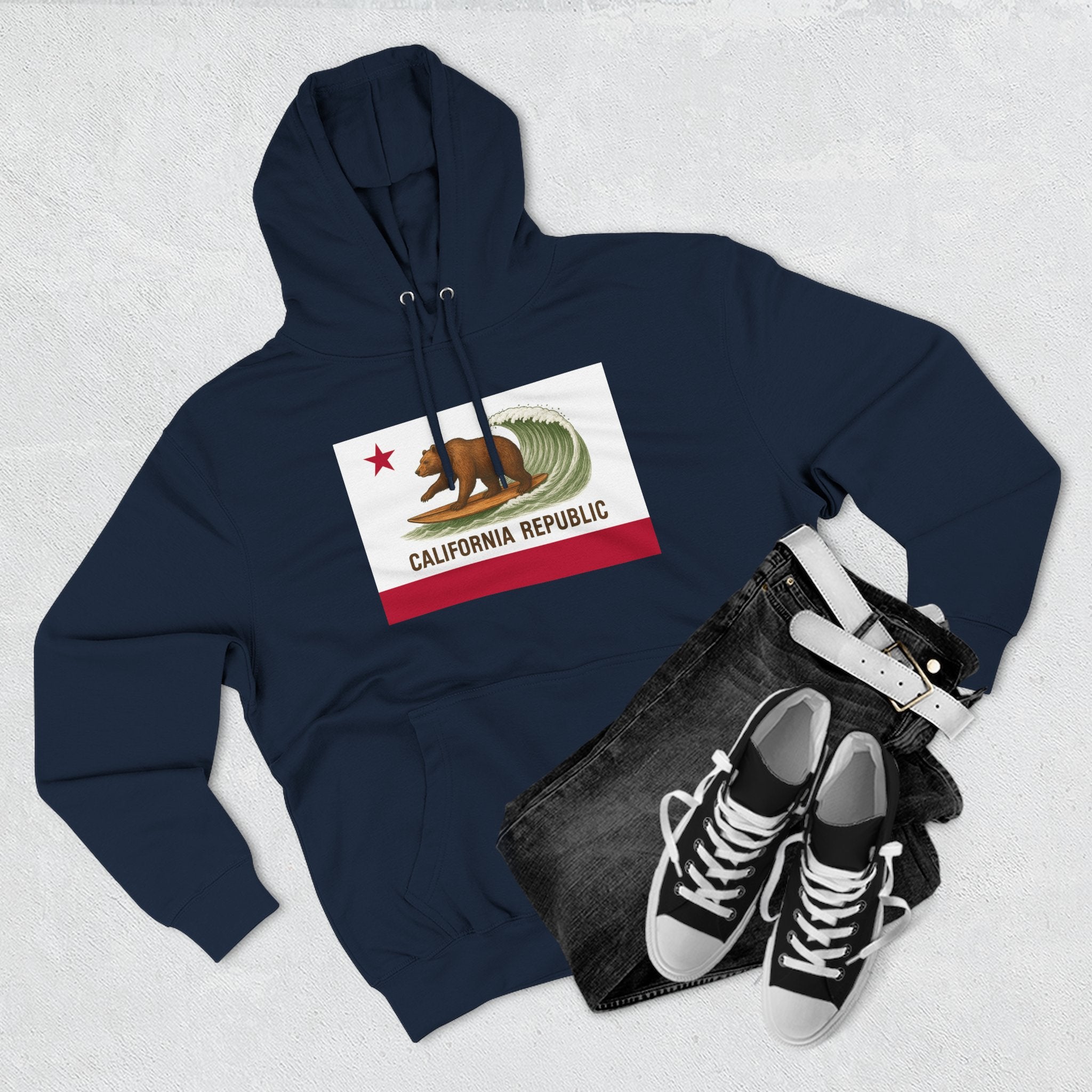 California Surfing Bear Flag Fleece Hoodie