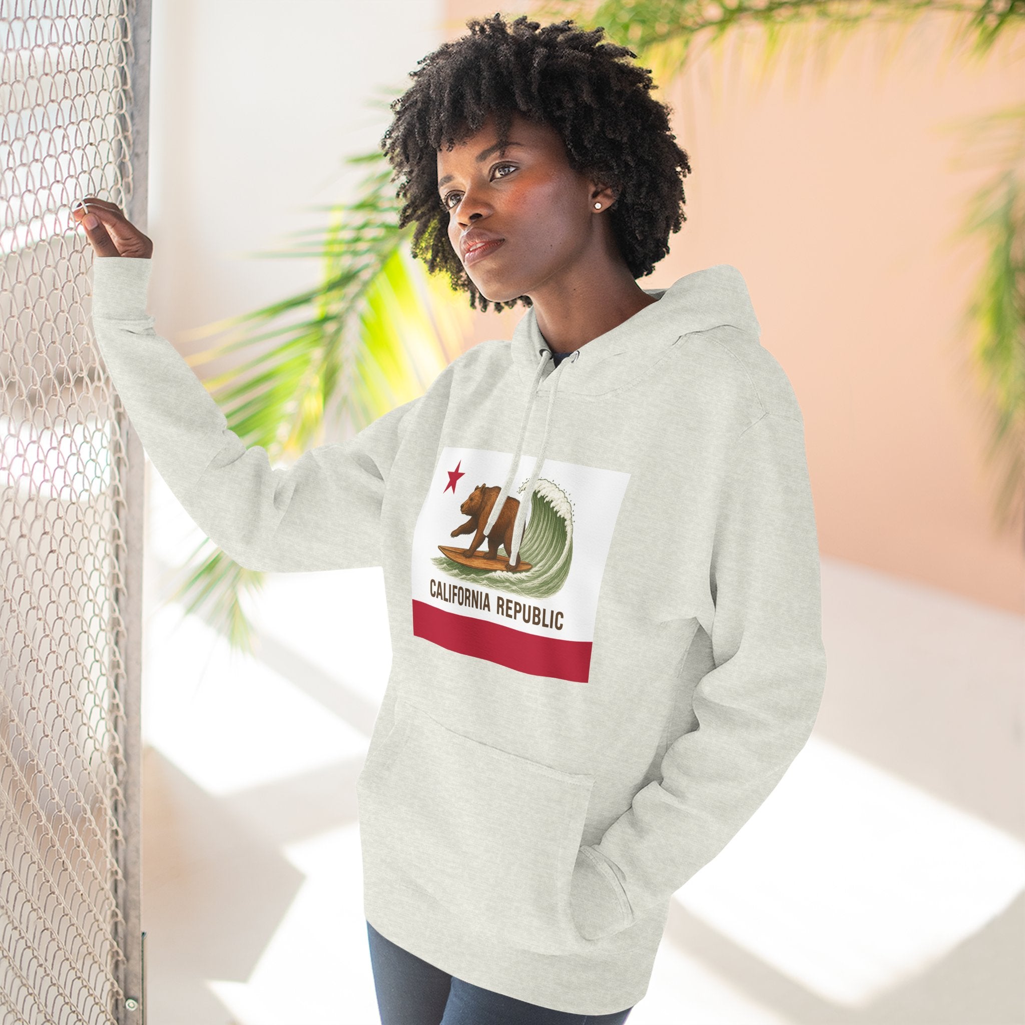 California Surfing Bear Flag Fleece Hoodie