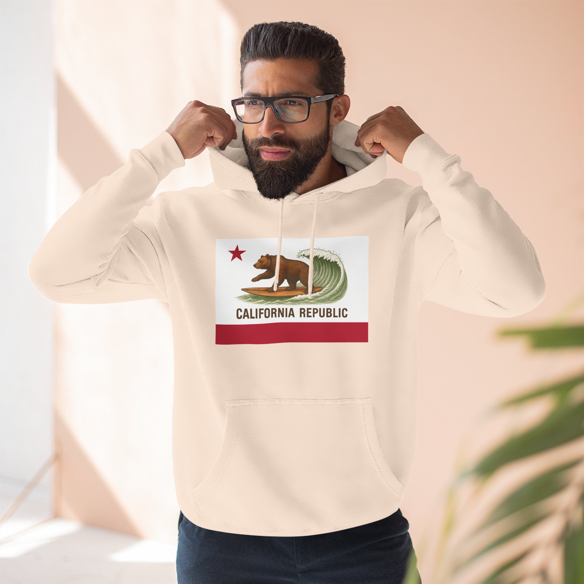 California Surfing Bear Flag Fleece Hoodie