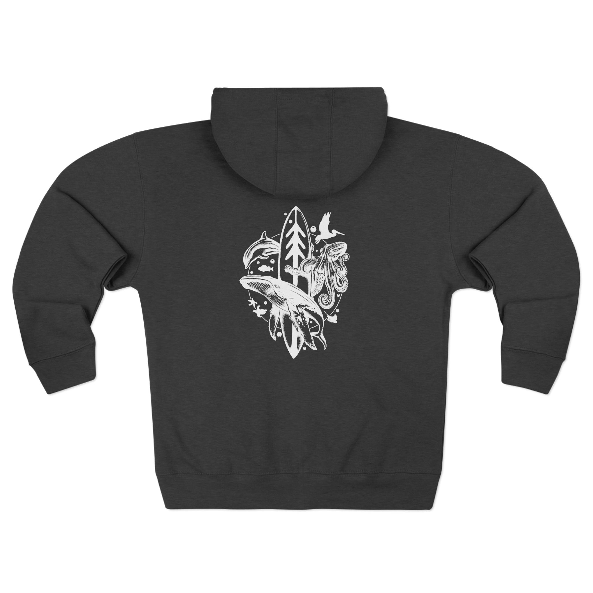 Detail view of the hoodie zipper, fabric, and front logo