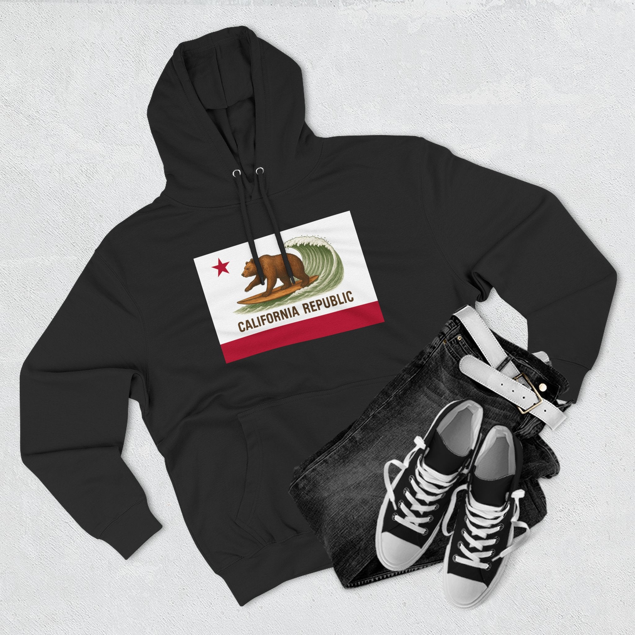 California Surfing Bear Flag Fleece Hoodie