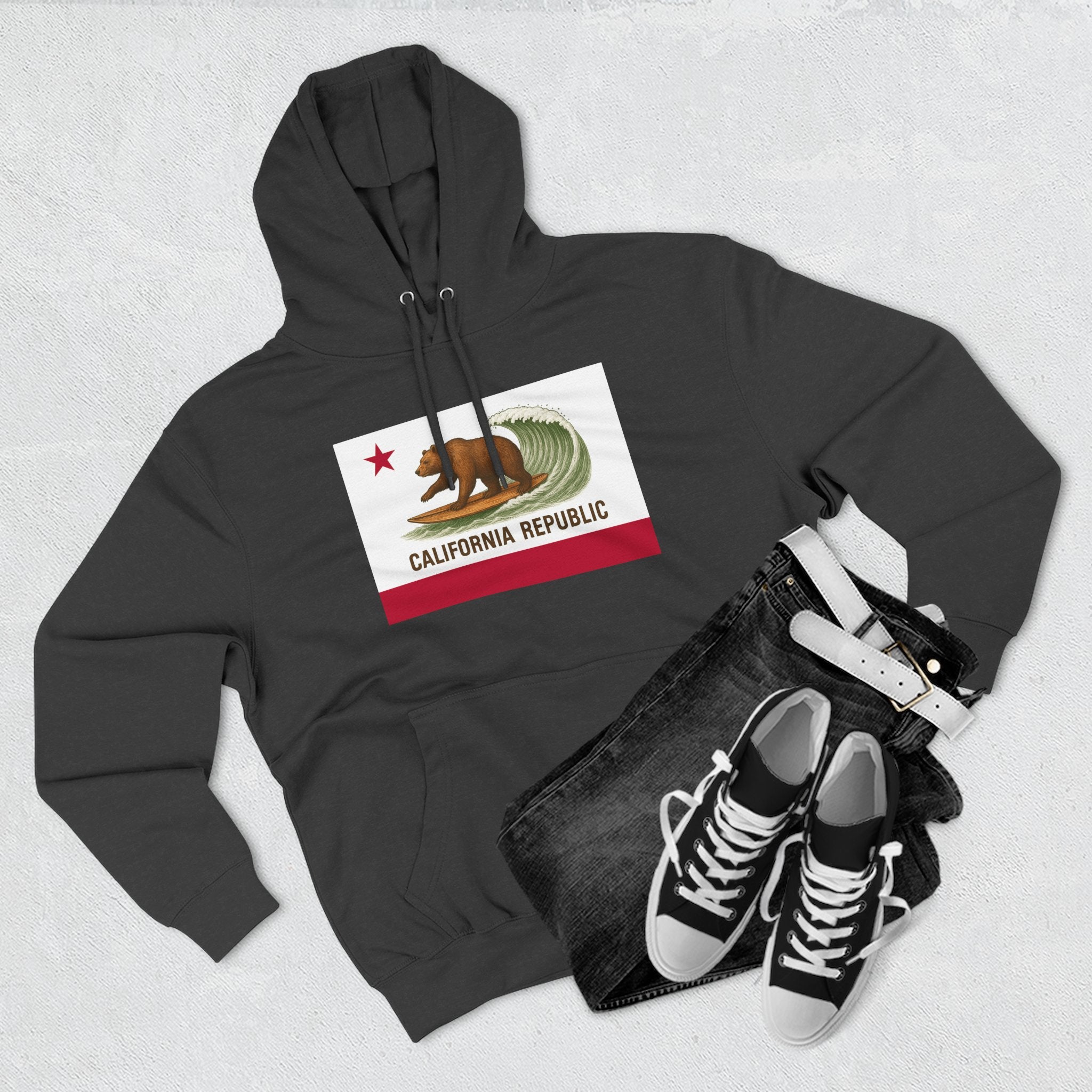 California Surfing Bear Flag Fleece Hoodie