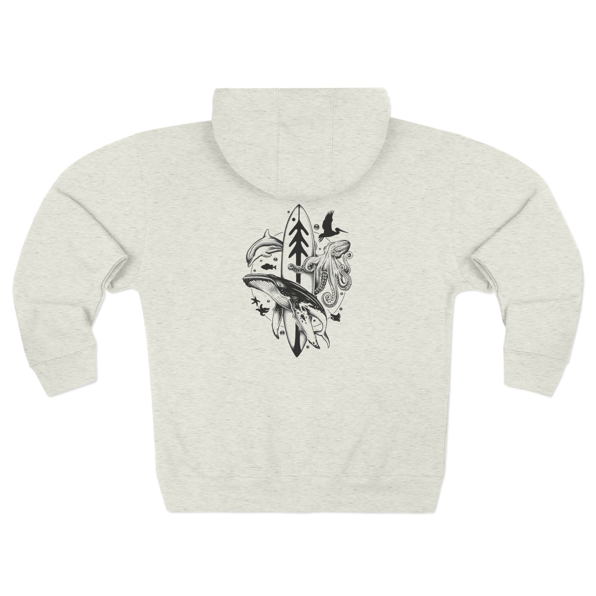 Back view of the Monterey Bay hoodie featuring artwork by Thiago Bianchini