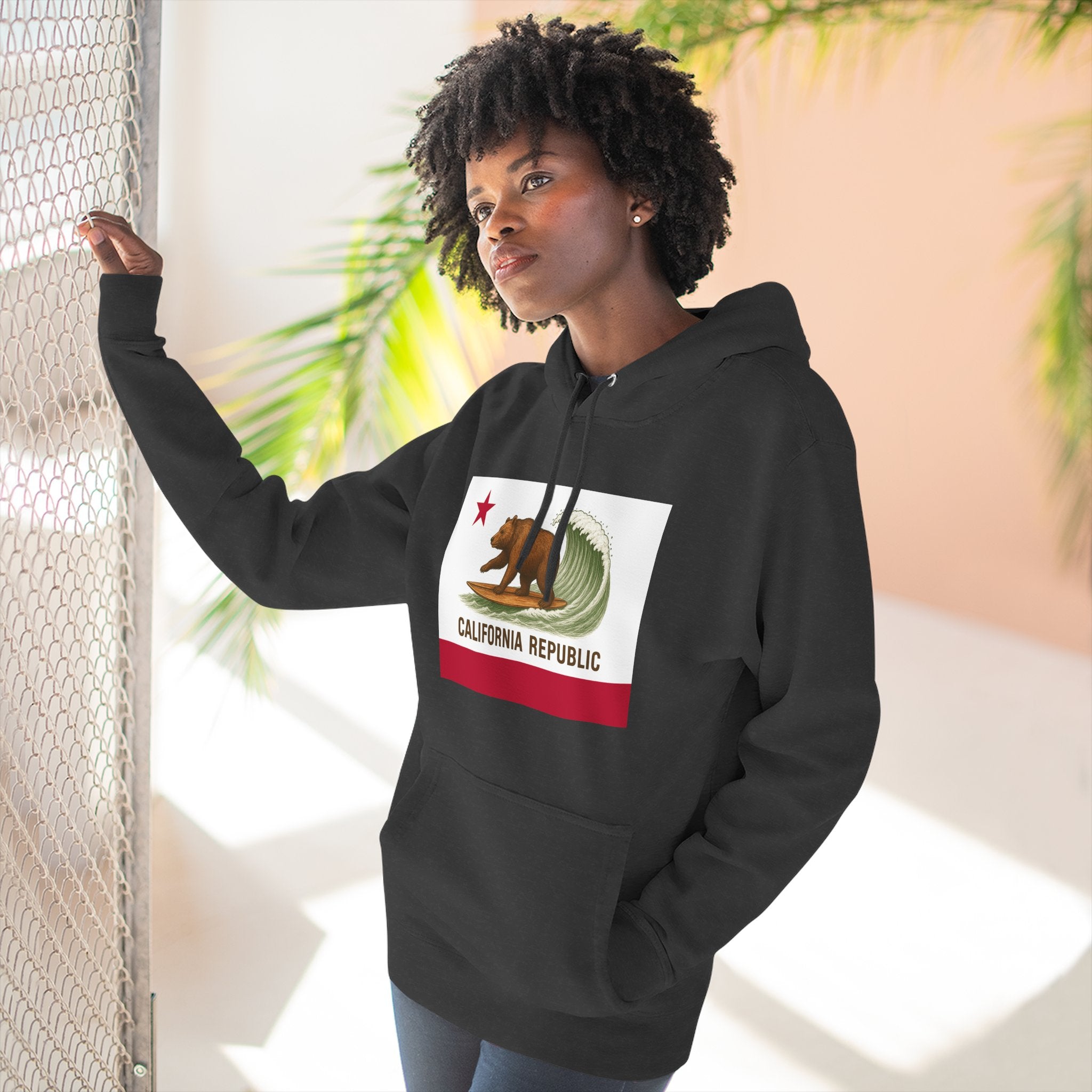 California Surfing Bear Flag Fleece Hoodie