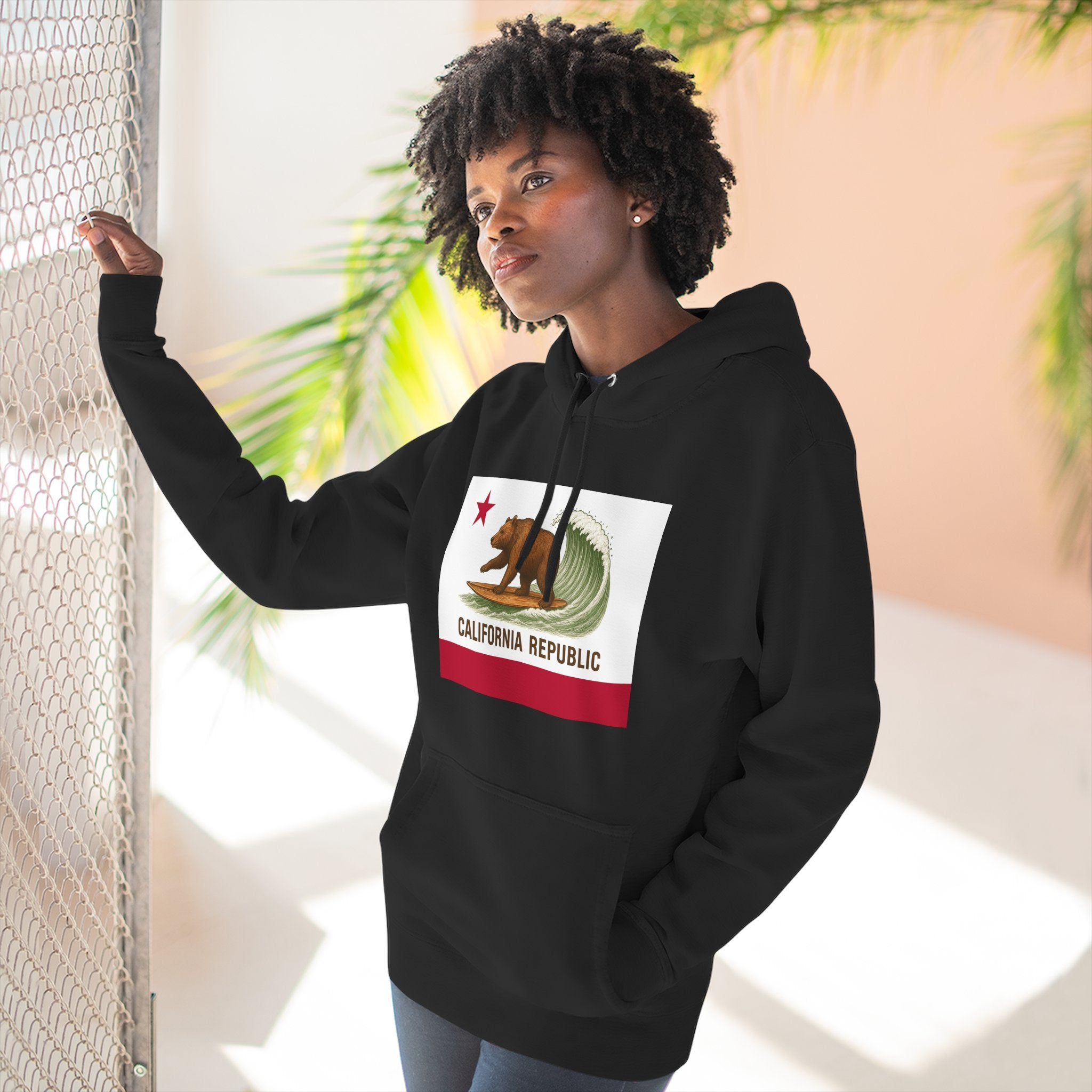 California Surfing Bear Flag Fleece Hoodie