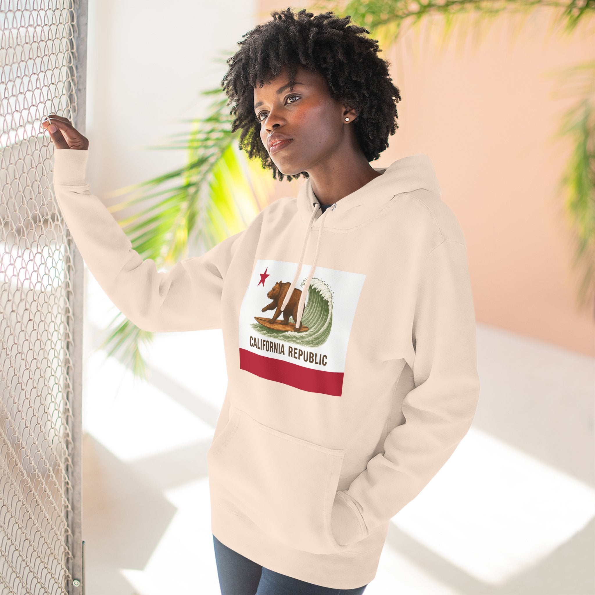 California Surfing Bear Flag Fleece Hoodie