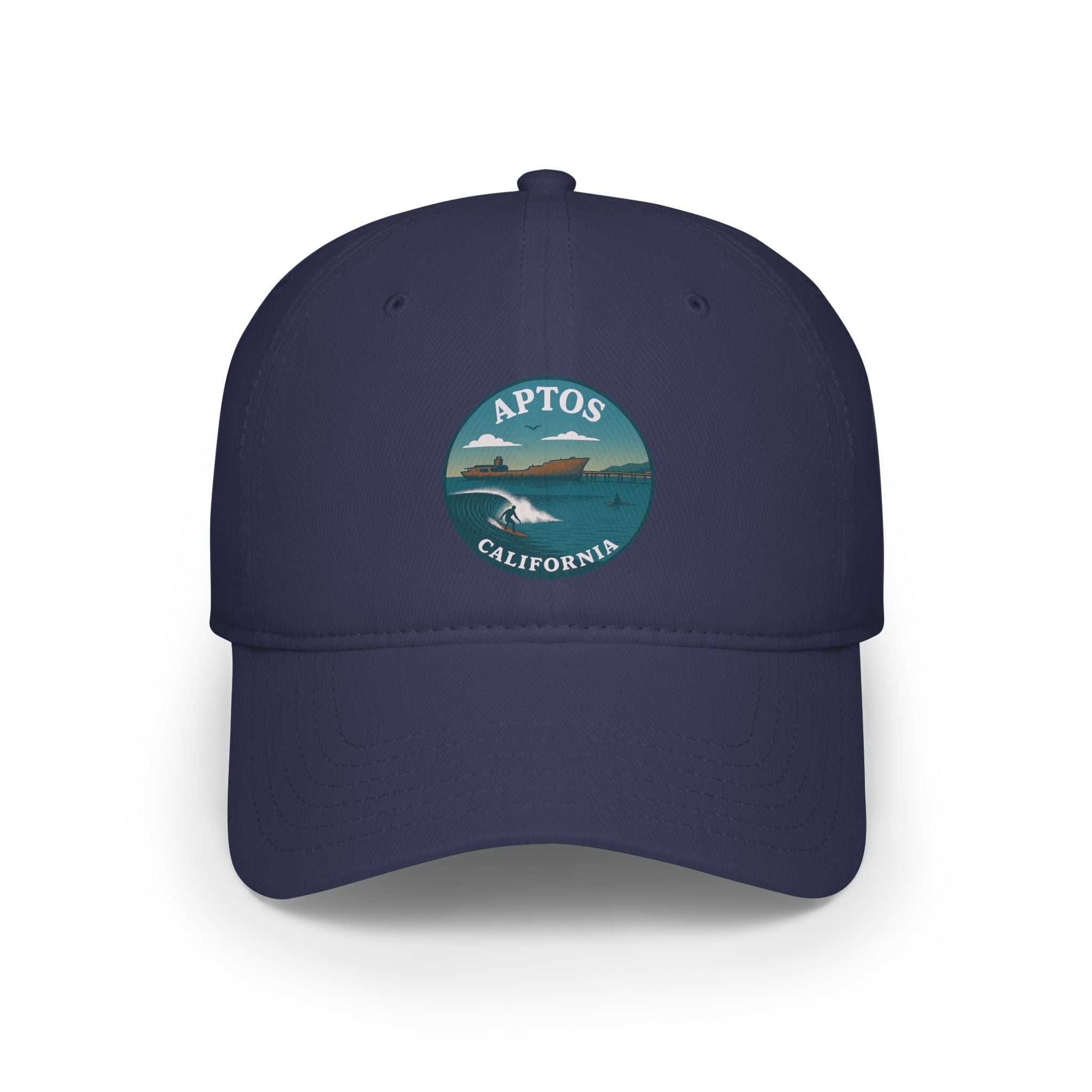 Navy blue cap with a circular logo featuring &