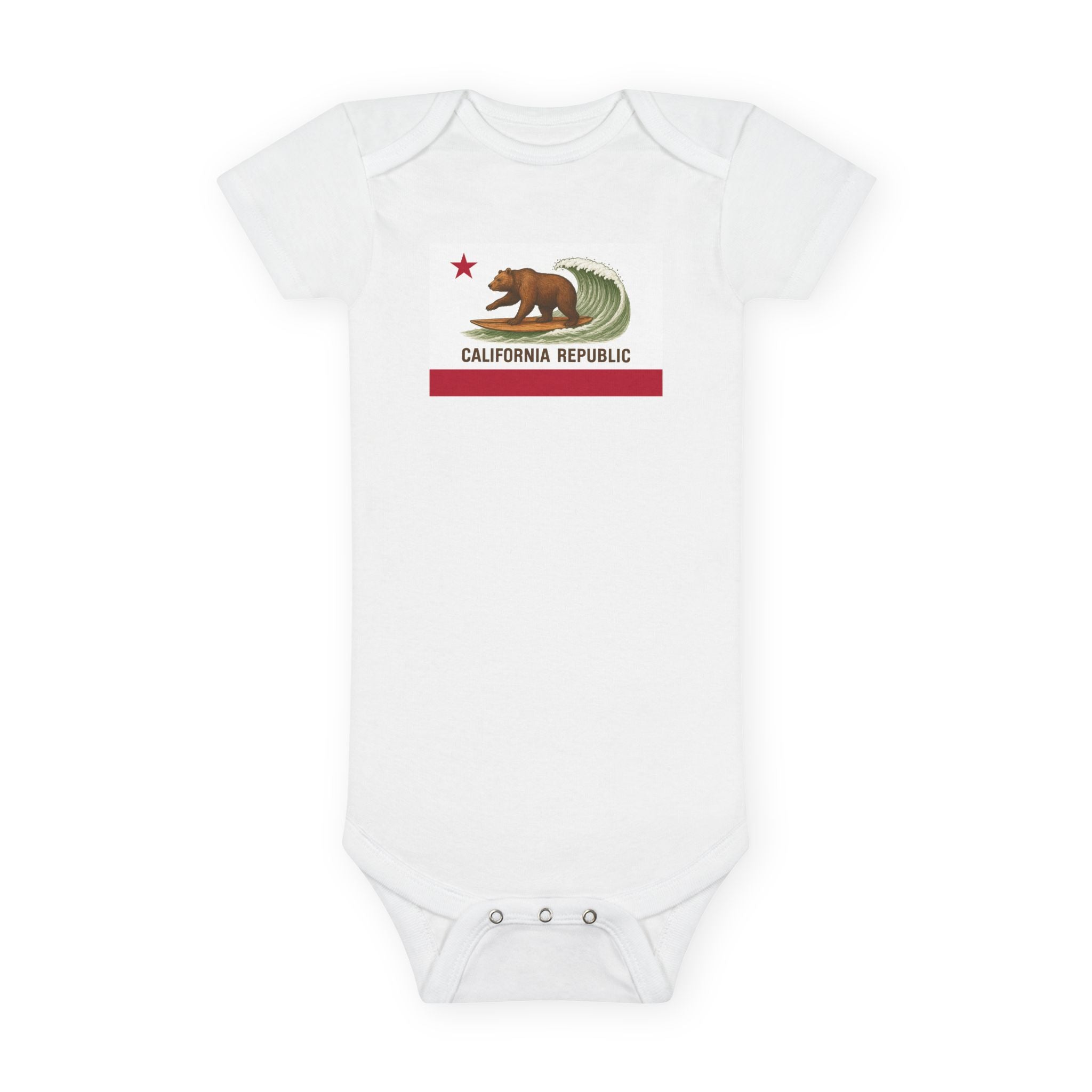 California Surfing Bear Flag - Baby Short Sleeve 100% Cotton Onesie