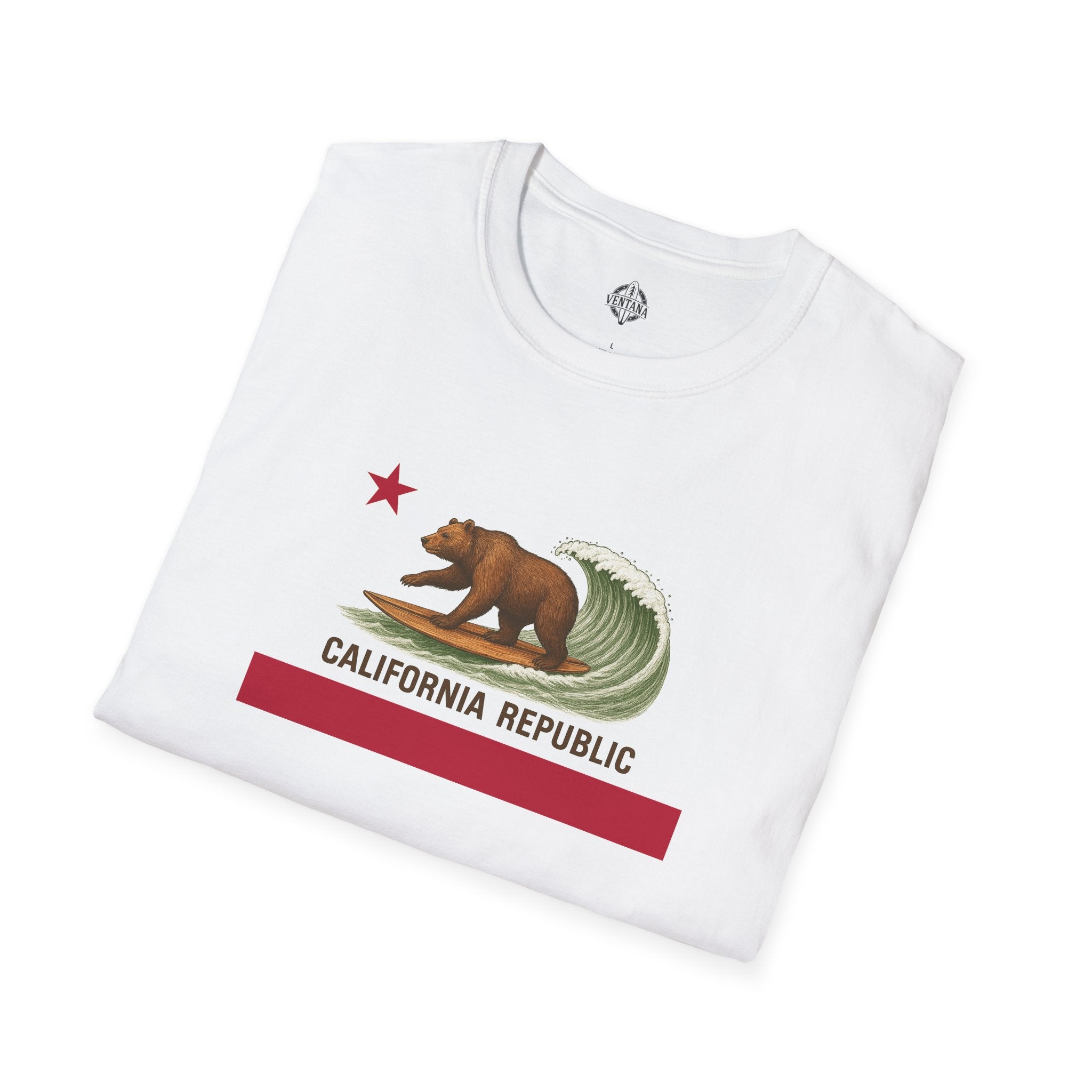 California Surfing Bear Flag Unisex - Soft Style U.S. Cotton T-Shirt