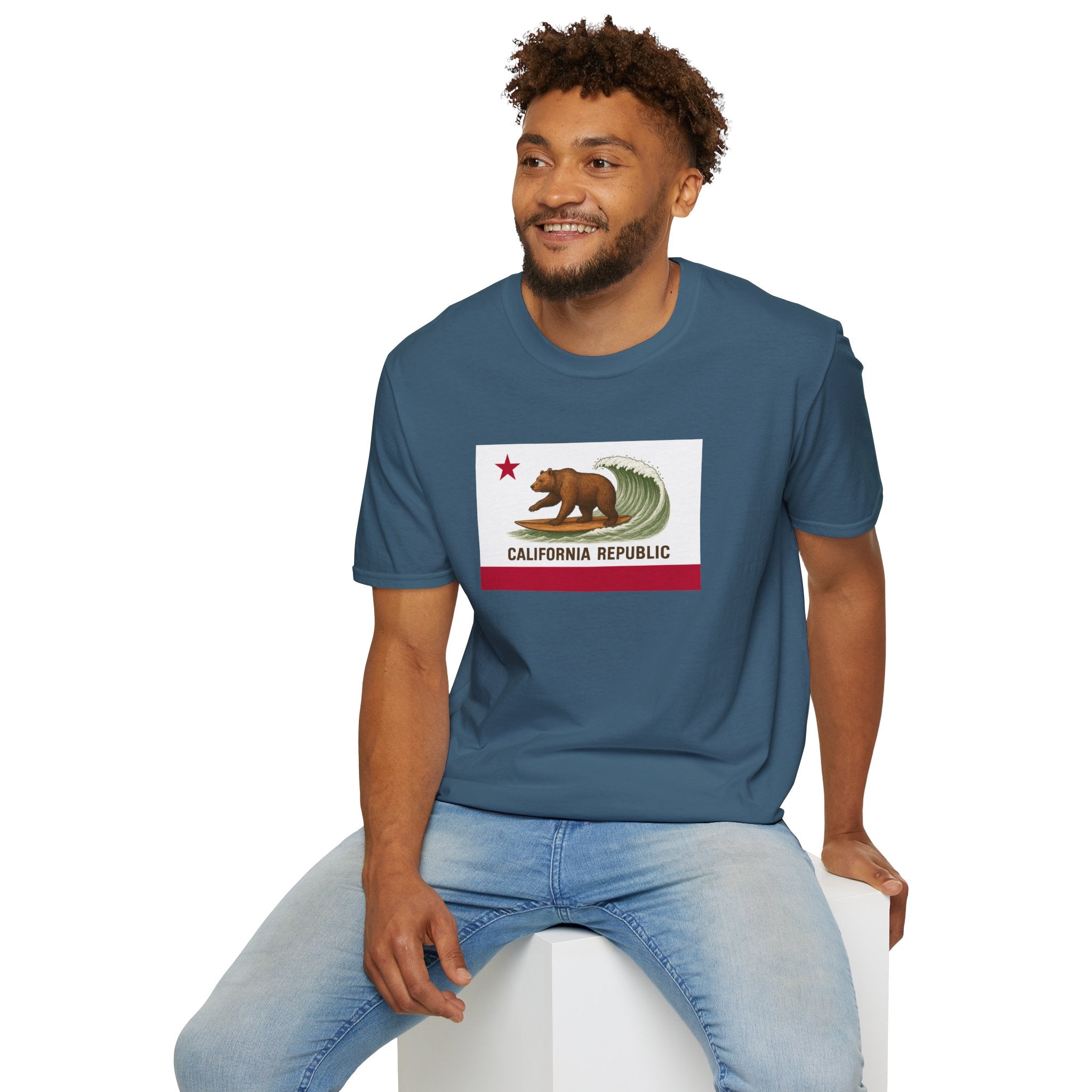 California Surfing Bear Flag Unisex - Soft Style U.S. Cotton T-Shirt