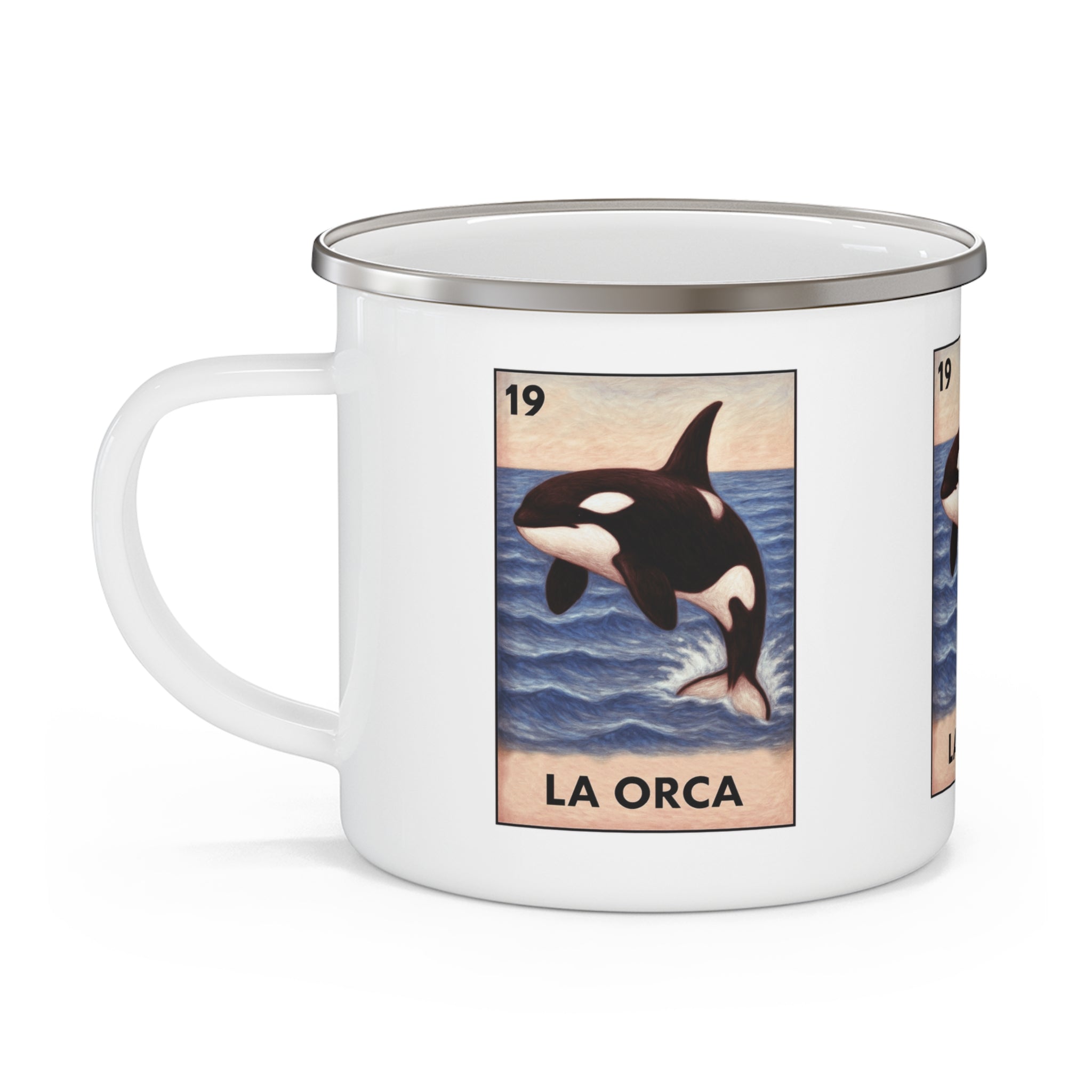 Orca Lotería Enamel Camping Mug (La Orca) (12oz - small)