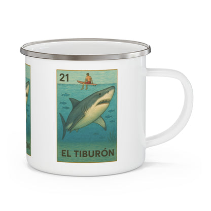 Shark Lotería Enamel Camping Mug (El Tiburón) (12oz - small)