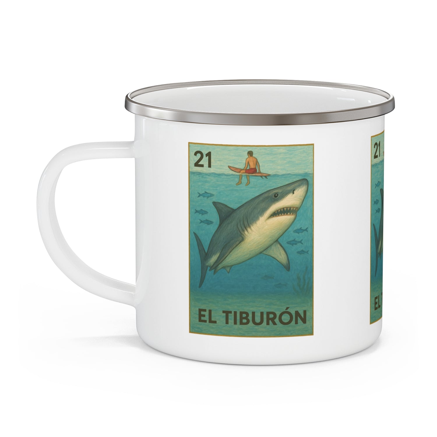 Shark Lotería Enamel Camping Mug (El Tiburón) (12oz - small)