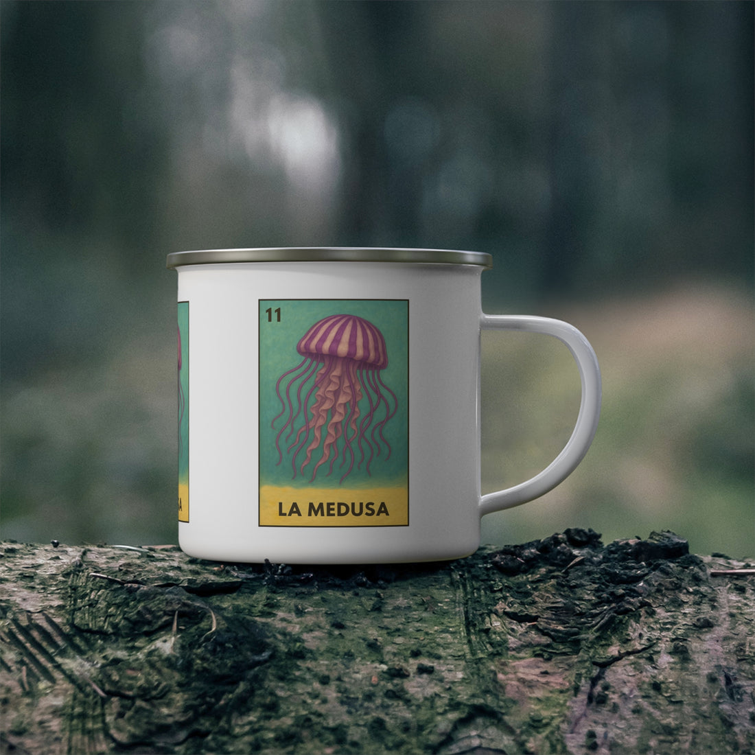 Sea Jelly Lotería Enamel Camping Mug (La Medusa) (12oz - small)