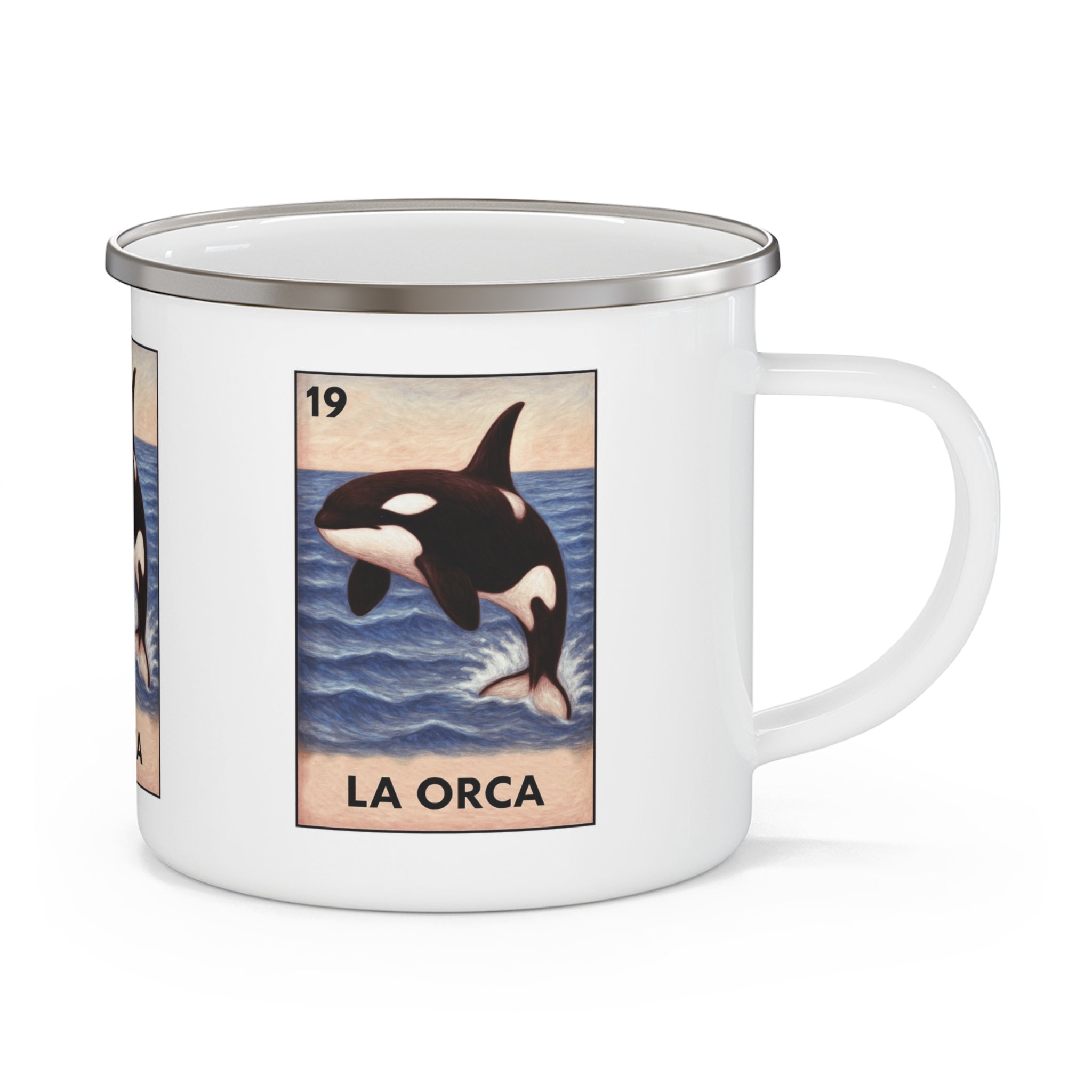 Orca Lotería Enamel Camping Mug (La Orca) (12oz - small)