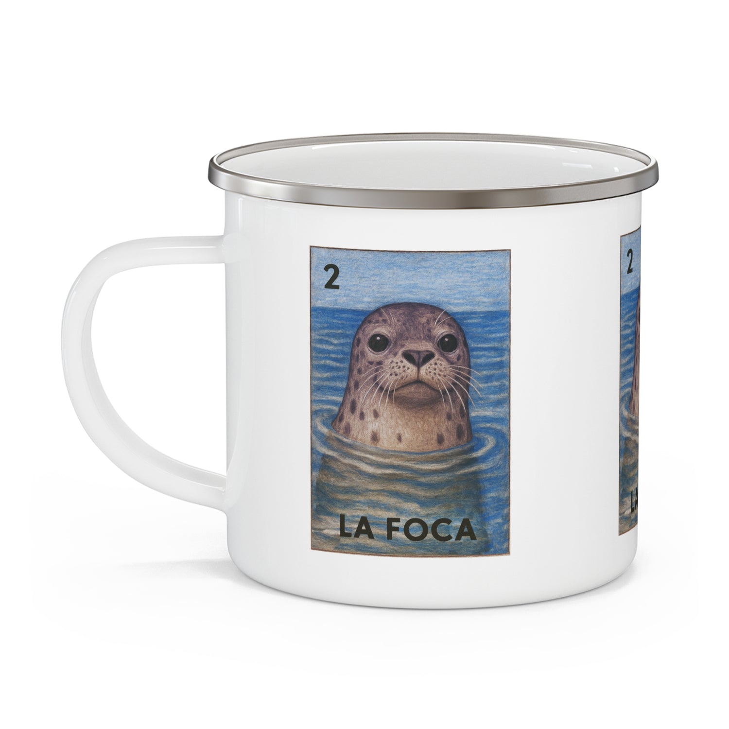 Seal Lotería Enamel Camping Mug (La Foca) (12oz - small)