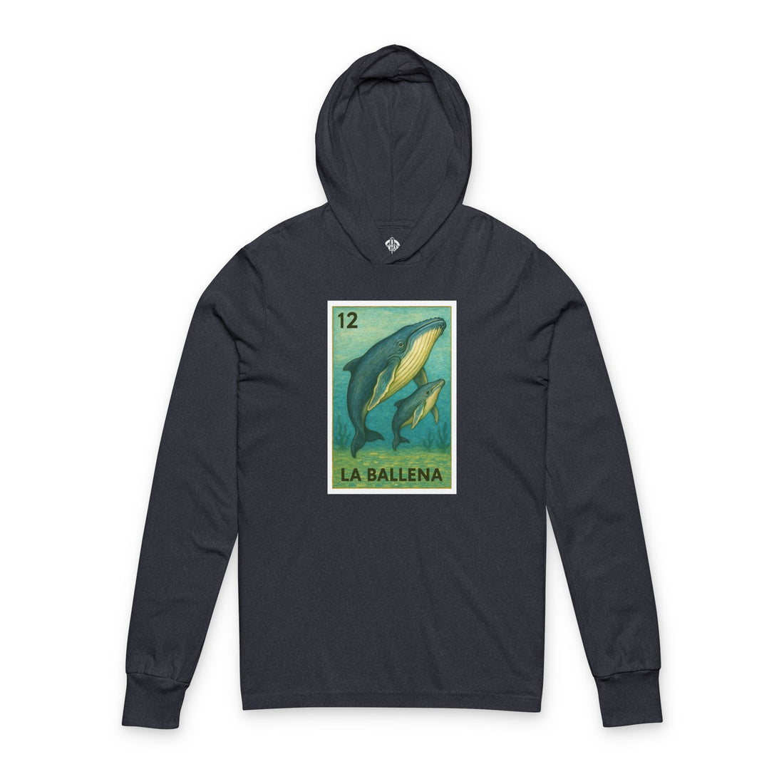 Navy hoodie with a whale graphic and &