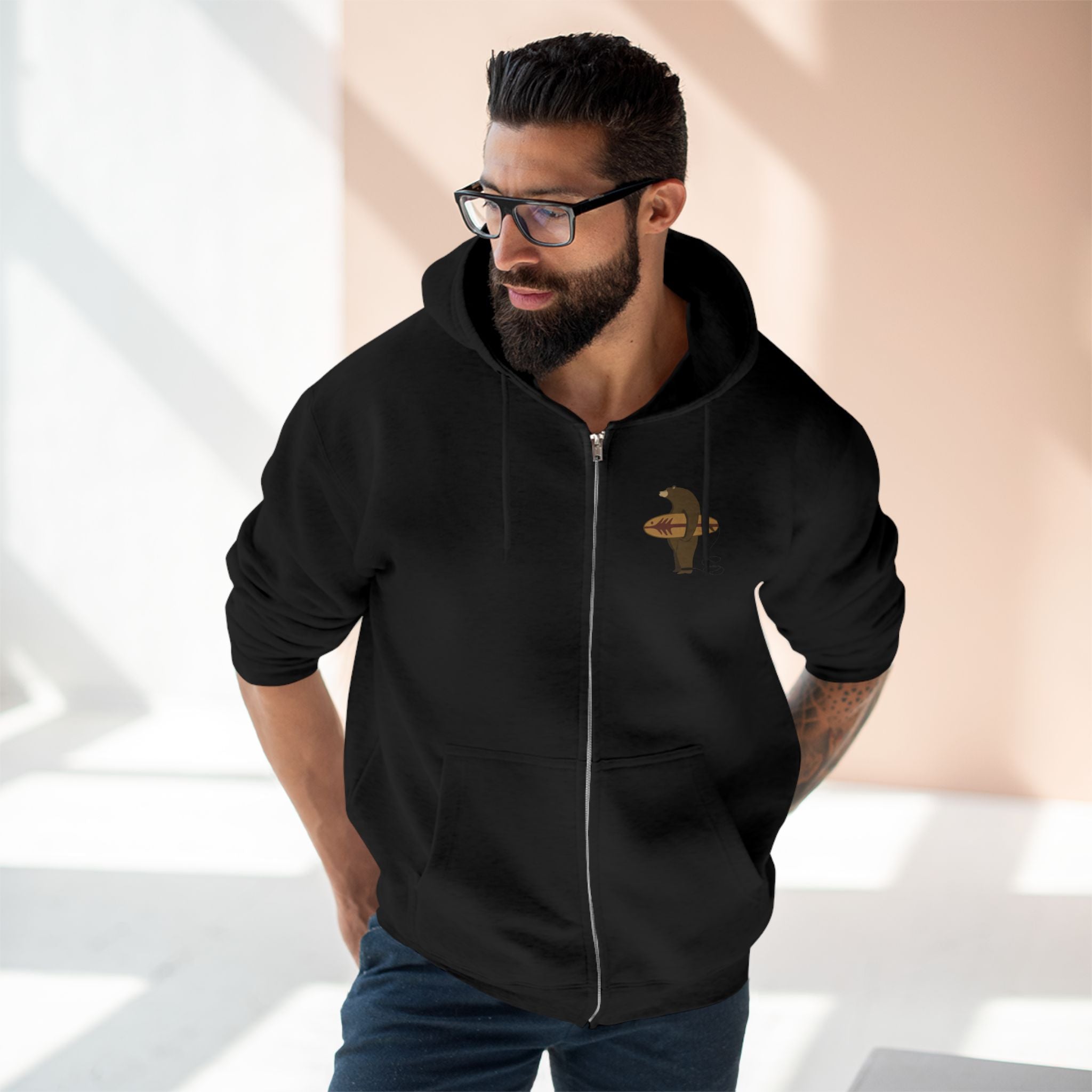 Surfing Grizzly Bear Zip Hoodie