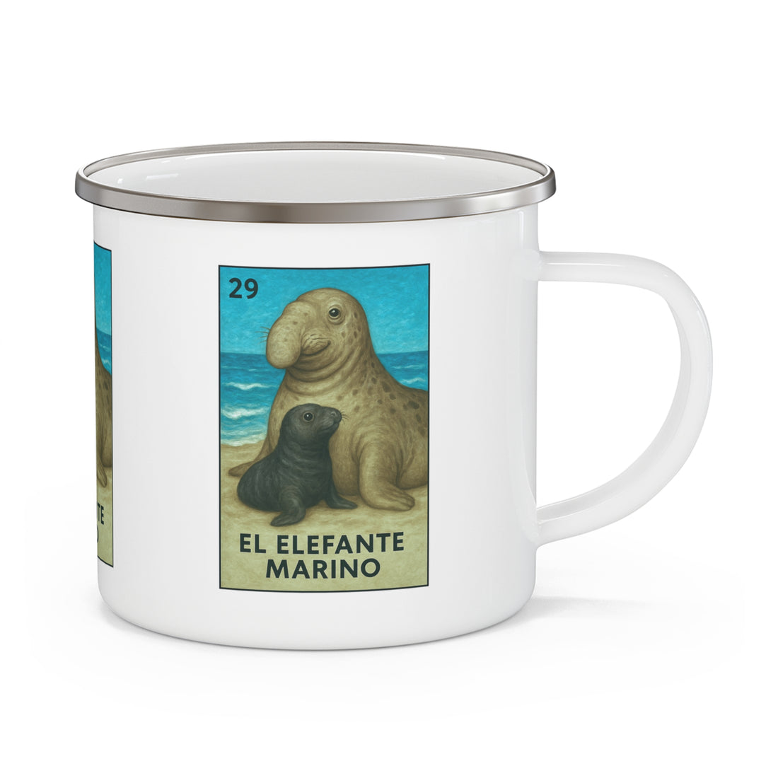 Elephant Seal Lotería Enamel Camping Mug (El Elefante Marino) (12oz - small)
